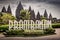 Prambanan sign in front of the sacred temple complex. Largest Hindu temple. Tower temples. Java, Indonesia