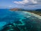 Praslin tropical island Seychelles, drone view above st piere island Seychelles Chauve Souris Relais Anse Volbert Beach