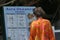 Prasoudi, Corfu, Greece, June 2019 A tourist looks at the menu displayed outside