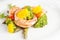 Prawns, asparagus and broccoli with edible daisy flowers