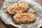 Prawns, shrimp seafood bruschetta with creamy cheese, parsley and chili