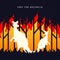 Pray for Australia banner. Forest in fire burning with kangaroo.