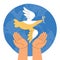 Pray for peace Ukraine. Stop War. Dove of peace with olive branch on background of globe. Bird flies into sky from the