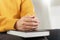 Pray and religion concept, Female christian hands folded on holy bible and praying to god