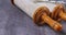 Prayer book with torah scroll and prayer shawl tallit jewish religious symbols