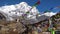 Prayer flags on Annapurna Basecamp, Nepal. Annapurna peak in the Himalaya range, Nepal. Annapurna base camp trek.