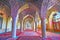 The prayer hall with columns, Pink mosque in Shiraz, Iran