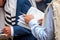 Prayer. The Jewish Hasid reads a religious book. Close-up of a book and hands. Holiday of Rosh Hashanah, Jewish New Year