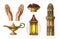 Praying Hands, arabic lamp,dates fruit, minaret and Aladdin lamp