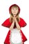 Praying little girl in red hood costume on the white background