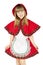 Praying little girl in red hood costume on the white background