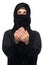 Praying muslim woman in hijab over white
