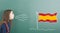 Pre-adolescent girl blowing on Spain flag