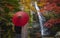 Pre wedding photo for Japanese couple and red umbrella on the red bridge in minoh waterfallrfall park with autumn red and yellow