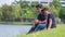 Pre wedding shooting : Lover sit near lagoon