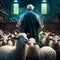 Preacher walks to church among a flock of sheep- generative ai