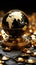 A precious black and gold globe framed by a heap of gold coins