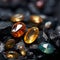 Precious collection Many natural gemstones displayed on a glossy black surface