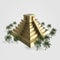 Precious golden metal Mexican Mayan Aztec Pyramid, high quality render isolated. with palm trees