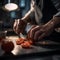 Precise Cut: Chef Slicing Juicy Tomato on Marble Countertop