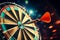 Precision captured dart hits the bulls eye, symbolizing success