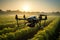 Precision farming drone analyzing farmers fields during a beautiful sunrise