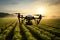 Precision farming drone analyzing farmers fields during a beautiful sunrise