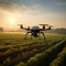 Precision farming drone analyzing farmers fields during a beautiful sunrise