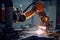 precision welding robot, with its arm in motion, welding two metal plates together