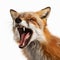 Predatory angry red fox bares big fangs, growls, portrait, close-up