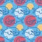 Predatory fish with shark teeth, blue yellow pink color, seamless pattern for fabric textile wrapping design decoration. Marine