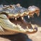 Predatory focus close up detail of a crocodiles wide open menacing mouth