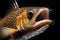 A predatory toothy yellow fish opened its mouth. Close-up. Generated by AI