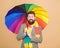 Predict future weather trends. Man bearded guy hold colorful umbrella. It seems to be raining. Rainy days can be tough