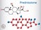 Prednisolone molecule. Is known as a corticosteroid or steroid medication. Structural chemical formula and molecule model. Sheet