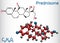 Prednisone molecule. A synthetic anti-inflammatory glucocorticoid derived from cortisone. Structural chemical formula and molecule