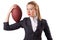 Preety office employee with rugby ball isolated on
