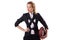 Preety office employee with rugby ball isolated on