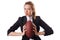 Preety office employee with rugby ball isolated on