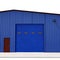 Prefab Blue steel building garage door on white. 3D illustration