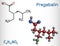 Pregabalin molecule. It is anticonvulsant, anxiolytic drug used to treat fibromyalgia and epilepsy. Structural chemical formula