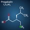 Pregabalin molecule. It is anticonvulsant, anxiolytic drug used to treat fibromyalgia and epilepsy. Structural chemical formula on