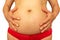 Pregnancy after 40 years concept. Older pregnant woman belly close up image on isolated background. Aged hands with wrinkles and