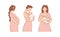 Pregnancy, childbearing and breastfeeding, set of vector illustration icons about motherhood. Pregnant woman side view