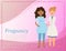 Pregnancy and medicine concept with practitioner doctor woman and pregnant girl patient cartoon vector illustration.