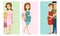 Pregnancy motherhood people expectation cards pregnant woman character life with big belly vector illustration