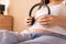 Pregnancy music woman listen. Pregnant woman listening to music. Mother belly listen headphones sound. Concept of