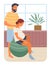 Pregnancy preparing, wife and husband make position training sitting on ball, man massages her back