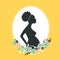 Pregnant african woman vector silhouettte in spring flower background