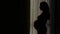 Pregnant beautiful Latin American woman standing looking out at window and caressing her stomach, silhouette